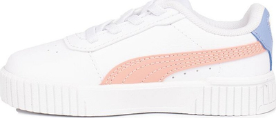 Atlete për fëmijë Puma Carina 2.0 AC Jr, lëkurë sintetike, shollë Kinder-Fit, të bardha me pastel