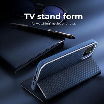 Futrollë libër Vennus Book Carbon për iPhone 15, me stand, blu