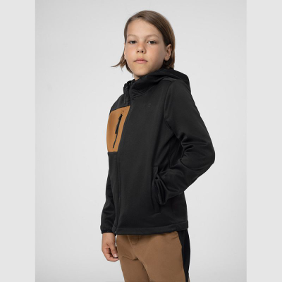 Xhaketë softshell për djem 4F 4FJSS23TSOFM041, 140 cm, me kapuç, e zezë