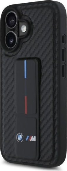 Maskë telefoni BMW M Grip Stand Smooth and Carbon, për iPhone 16 6.1", me stand, e zezë