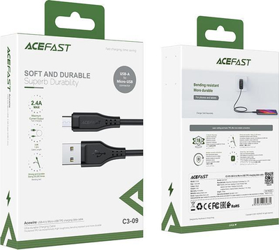 Kabllo karikimi Acefast C3-09, USB-A në Micro-USB, TPE, e zezë