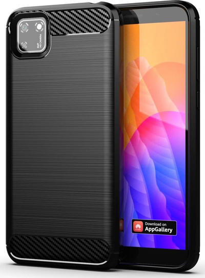 Mbrojtëse telefoni Huawei Y5P Rugged Carbon, gome TPU fleksibel, efekt metalik, e zezë