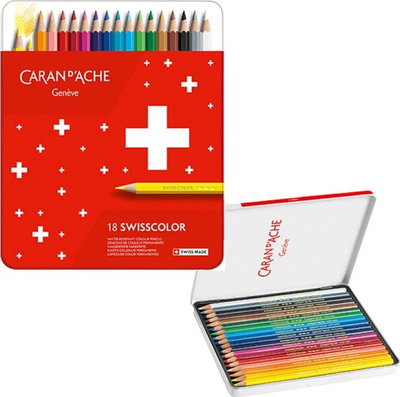 Set lapsa me ngjyra Caran D'Ache Swisscolor, 18 copë, ujë-tretshëm, kuti metalike e kuqe