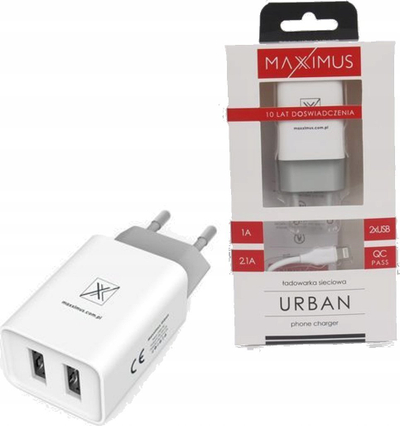 Karikues prizë Maxximus Urban, 2.1A, 2x USB me kabllo Type C, i bardhë