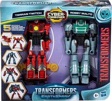 Figura aksion Transformers Hasbro EarthSpark Cyber-Combiner Terran Twitch dhe Robby Malto, 13 cm, set 2 copë, shumëngjyrëshe