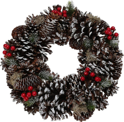 Kurorë Adventi dekorative, 33 cm, kone pishe, me efekt bore