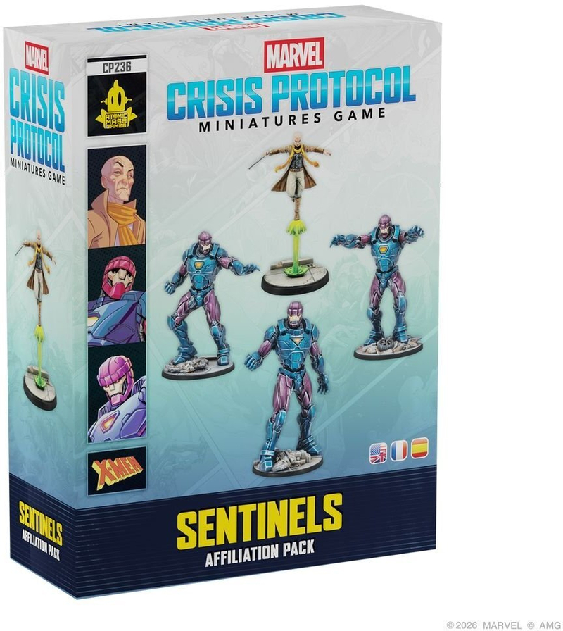 Lojë me miniatura Asmodee Marvel Crisis Protocol X-Men Sentinels Affiliation Pack, zgjerim, 2 lojtarë, shumëngjyrëshe