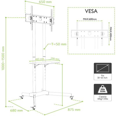 Stativ dyshemeje për TV Techly ICA-TR6, 30"-65", me rrota, me raft xhami, i zi