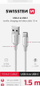 Kабел USB Swissten Textile II, USB во USB-C, 1.5m, 60W, бел