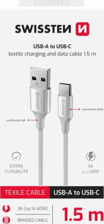 Kабел USB Swissten Textile II, USB во USB-C, 1.5m, 60W, бел