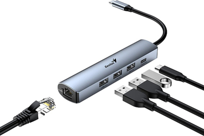 HUB USB Genius UH-545, 3x USB 3.0, RJ45, gri