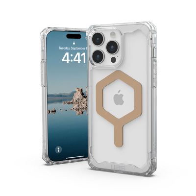 Mbulesë mbrojtëse UAG Plyo Ice Gold për iPhone 15 Pro Max, 6.7", transparente, me magnet MagSafe