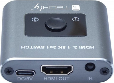 Ndërrues HDMI Techly 2-Port 2x1, HDMI 2.1, 8K 60Hz, me telekomandë IR