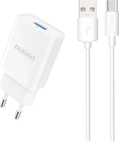 Karikues AC Dudao A4EU, USB A 2.1A, me kabllo USB A në USB C, i bardhë