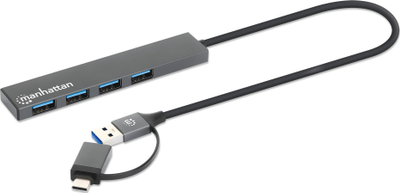 Hub USB Manhattan USB C dhe USB A Combo, 4x USB A, 5 Gbps, gri