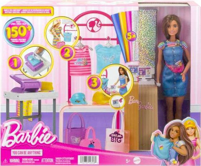 Set lojërash Barbie Make and Sell Boutique, kukull brune, aksesorë mode, shumëngjyrësh