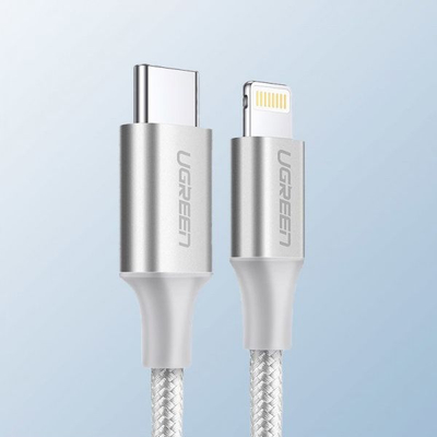Kabllo USB Ugreen USB-A në Lightning, 1m, për karikim dhe të dhëna, ngjyrë argjendtë