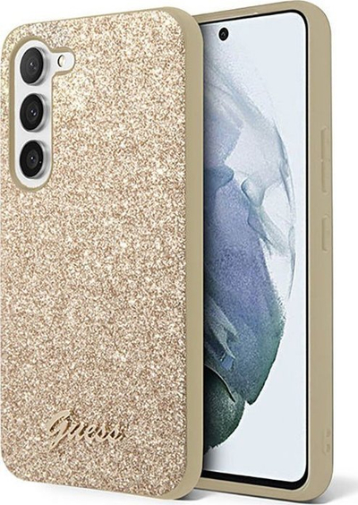 Këllëf telefoni Guess Glitter për Samsung Galaxy S23, plastikë dhe TPU, me shkëlqim, ngjyrë ari