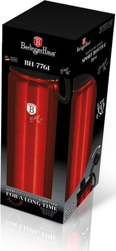 Shishe sportive BerlingerHaus Burgundy Metallic Line, 0.72L, çelik inox 18/10, burgundy metalike