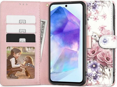 Këllëf–portofol Tech-Protect Feminine për Samsung Galaxy A55 5G, lëkurë eko, me xhepa kartash, me lule