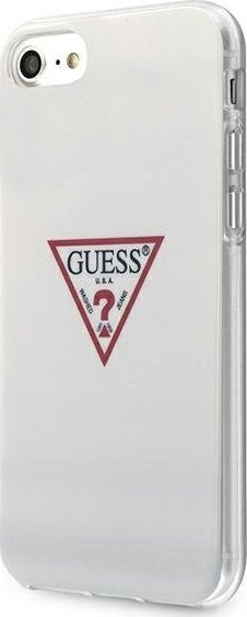 Kapak telefoni Guess Hard Case Triangle Logo, për iPhone SE 8 7, plastik, i bardhë me shkëlqim