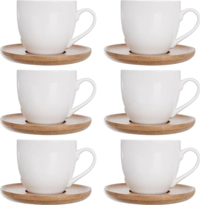Set filxhanësh Orion, porcelani 120 ml, pjatëza bambuje, 6 copë, të bardha