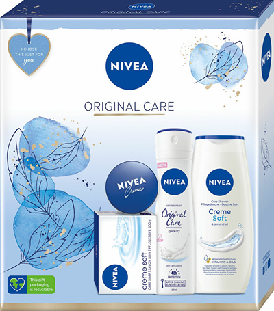 Set Nivea, Antipersiprant 150 ml + Xhel dushi për lëkurë 250 ml + Krem intensiv për lëkurë 30 ml + Krem sapun i ngurtë 100 g