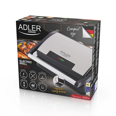 Grill elektrik Adler AD 3052, pllaka me veshje teflon, vrimë kullimi yndyre, i zi
