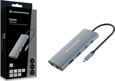 Docking station CONCEPTRONIC DONN06G, 10 me 1, USB 3.2 Gen 1, HDMI, USB-C PD 100W, gri