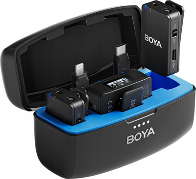 Mikrofon wireless BOYA Boyamic me kapëse, për iPhone, Android edhe kamera, me kuti karikimi, i zi