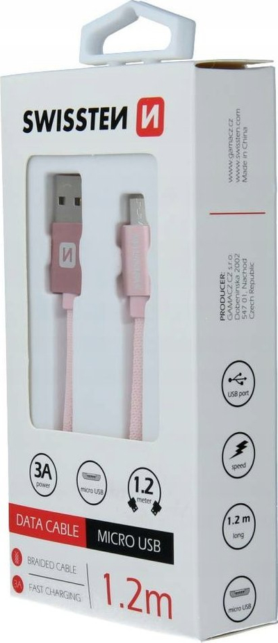 Kabllo USB Micro USB Swissten, 1.2m, 3A, rozë