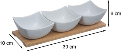 Set snackesh Secret de Gourmet, 3 tasa porcelani, tabaka bambuje, i bardhë