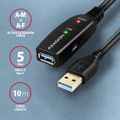 Kabllo USB Axagon ADR-310, USB-A në USB-A, 10 m, e zezë