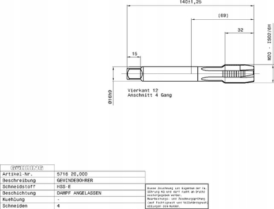 Çezme filetimi për makinë Gühring PowerTap, HSS e avullume, M20, DIN 376