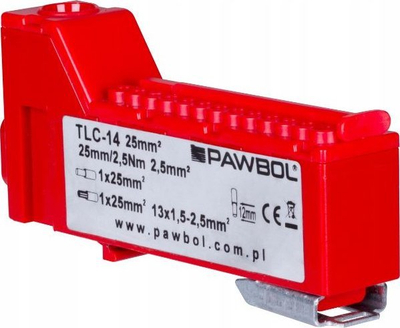 Shirit terminali Pawbol TLC 14, 63A, për shina TH35, i kuq