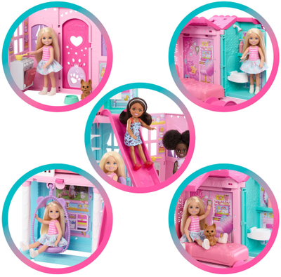 Set loje Barbie Club Chelsea Pop up House, shpi lodër, me kukull edhe aksesorë, shumëngjyrshe