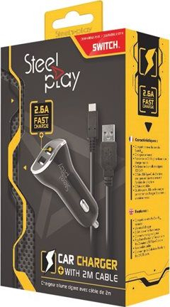 Karikues veture SteelPlay Car Charger, 2 porta USB 2.6A, kabllo 2m për Switch, i zi
