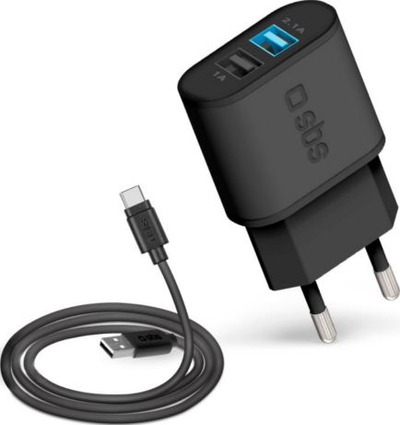 Karikues SBS Mobile (TEKITTRC2U2AFASTK), 2 x USB-A, 3.1 A, + kabllo USB-C, 1 m, i bardhë