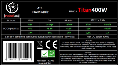 Furnizues energjie Rebeltec Titan 400W, ventilator 120mm, gri