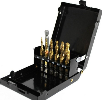 Set frezash shpimi Tapping, 7 copë M3-M10, veshje titani, ari