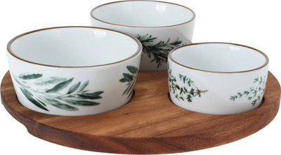 Set servirjeje The Kitchen Market, 3 tasa stoneware, tabaka druri akacie, e bardhë