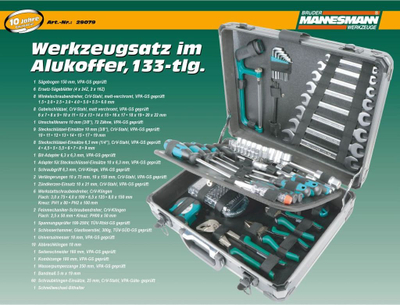Set veglash Brüder Mannesmann M29079, 133 copë, kuti alumini, ngjyrë argjendtë