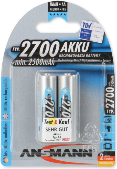 Рикабилни батерии Ansmann AA R6, 2700mAh, 1.2V, сет 2 парчиња