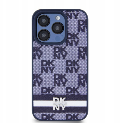 Etui telefoni DKNY për iPhone 15 Pro Max, PU lëkurë, dizajn me kuadrate, blu