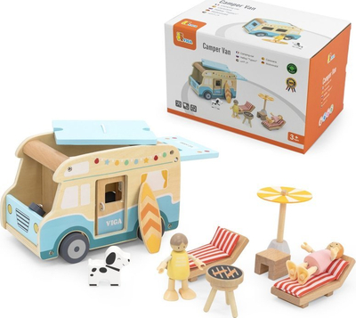 Set lodrash druri Viga Wooden Beach Camper Car Figures, kamper plazhi, 3+