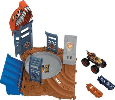 Set loje Hot Wheels Monster Trucks Arena Smashers Tiger Shark Challenge, playset me kamion, shumëngjyrësh