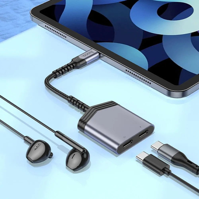 Adapter USB Type C Hoco LS40, 2 në 1, 27W, gri