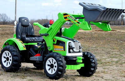 Traktor ekskavator ride-on Kingdom, me kovë përpara, me timon, jeshil