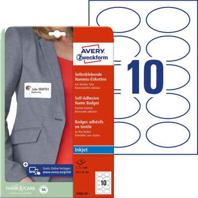 Etiketa tekstili për emër Avery Zweckform J4882-20, të printueshme me inkjet, ovale 85 x 50 mm, të bardha