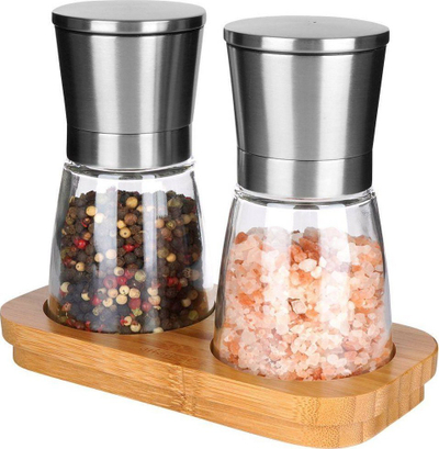 Set mullinjsh për erëza, mekanizëm qeramike, me bazë bambuje, xham dhe çelik inox